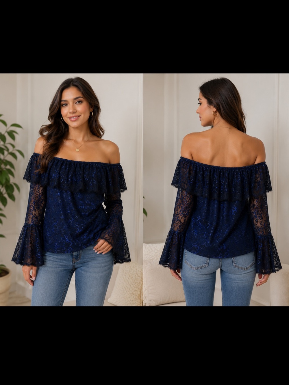 (J1)White House Black Market Off-the-Shoulder Lace and Blue Top 12P,Gothic Style - Picture 3 of 14